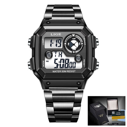 Lige Electronic Watch Unisex Watch Luminous Display Watch Multi-Function Chronograph Alarm Clock