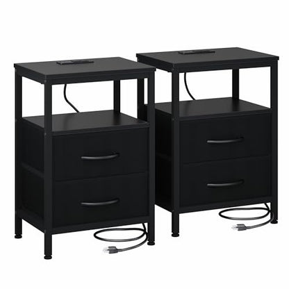 A Small Bedside Table With A Charging Station And Two Fabric Drawers, And A Side Bedside Table