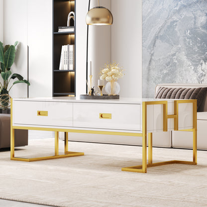 Modern White Rectangular Coffee Table With 4 Drawers And Gold Base In 47.3