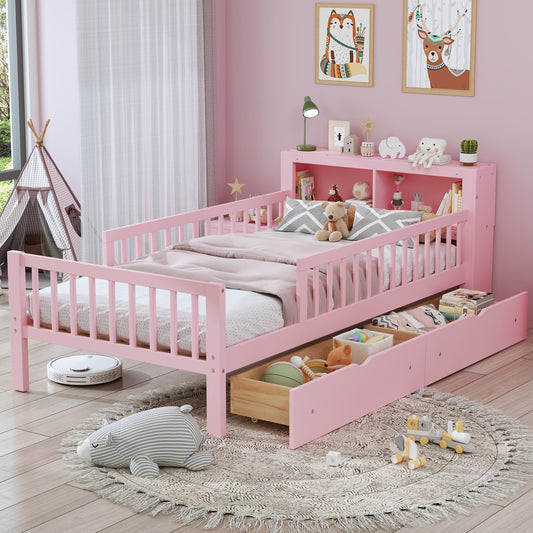 Twin Size Bed With Headboard Storage Rack, Two Under-Bed Drawers, Three-Side Guardrails For Safety And Security,Pink