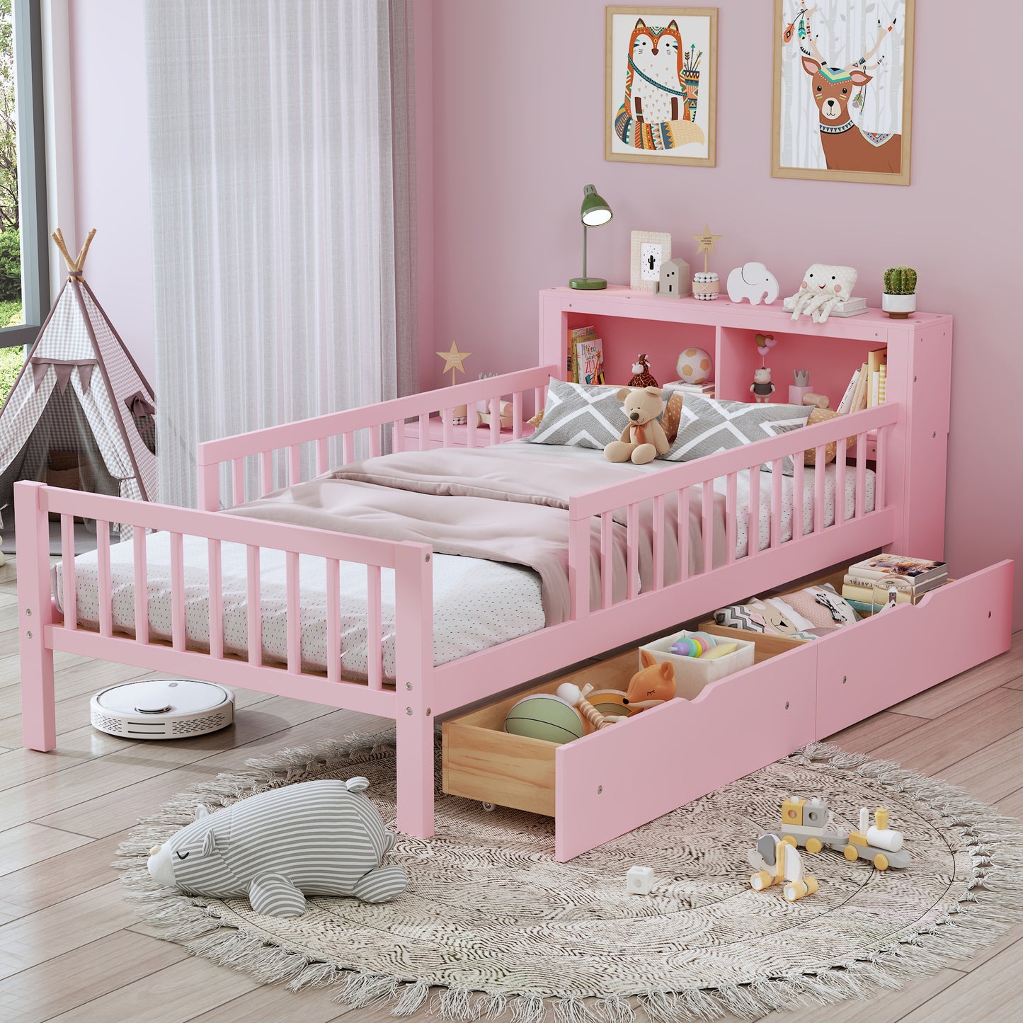 Twin Size Bed With Headboard Storage Rack, Two Under-Bed Drawers, Three-Side Guardrails For Safety And Security,Pink