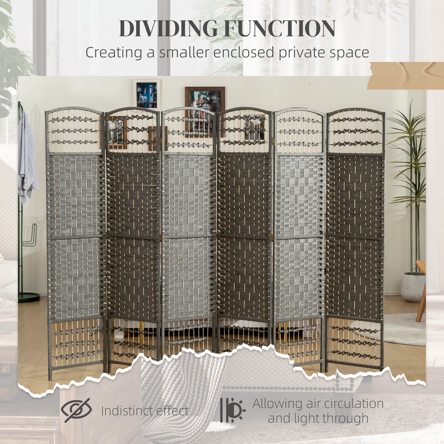 6 Panel Folding Room Divider Portable Privacy Screen Wave Fiber Room Partition for Home Office Dark Gray