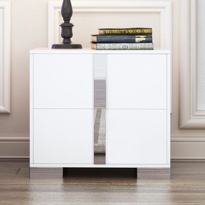 Elegant Nightstand With Metal Foot, Mirrored Bedside Table With 2 Drawers For Bedroom, Living Room, White