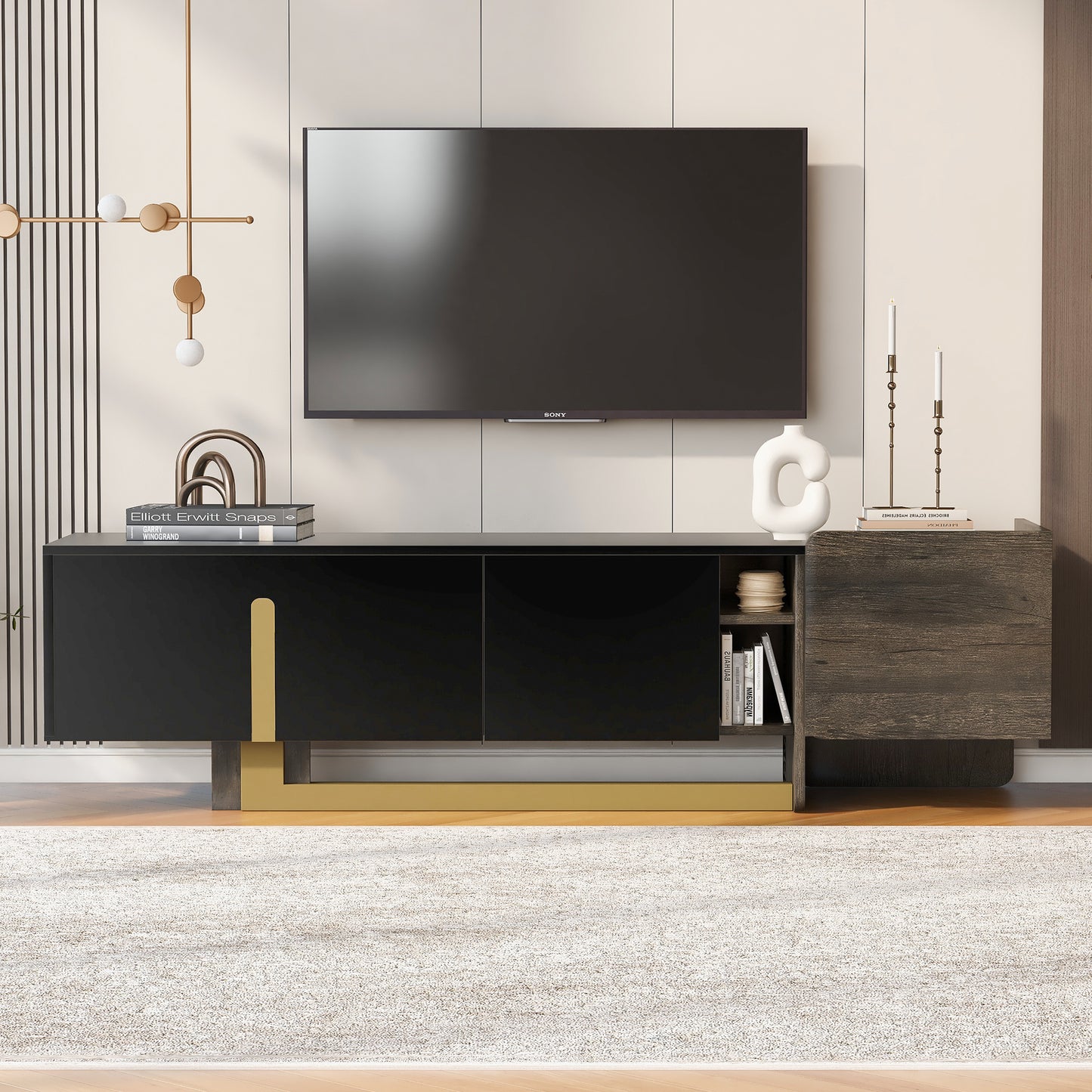 VIBE HAUS  66.7 Light Luxury TV Stand For TVs Up To 70 Inches, Modern TV Cabinet With Metal Legs, 1 Drawer, 2 Cabinets And Adjustable Shelves For Living Room