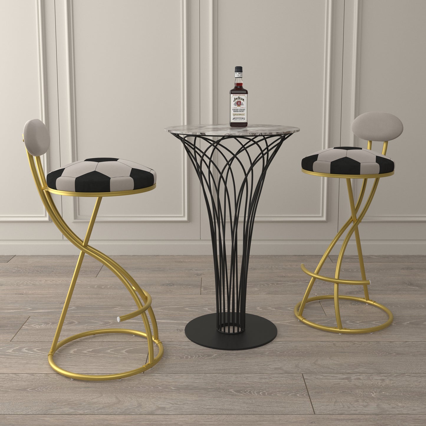 Football Print Bar Stools Set Of 2 Upholstered Counter Height Barstool For Kitchen Island S-shaped Velvet Metal Dining Chairs Gold Frame  Creamy White Back