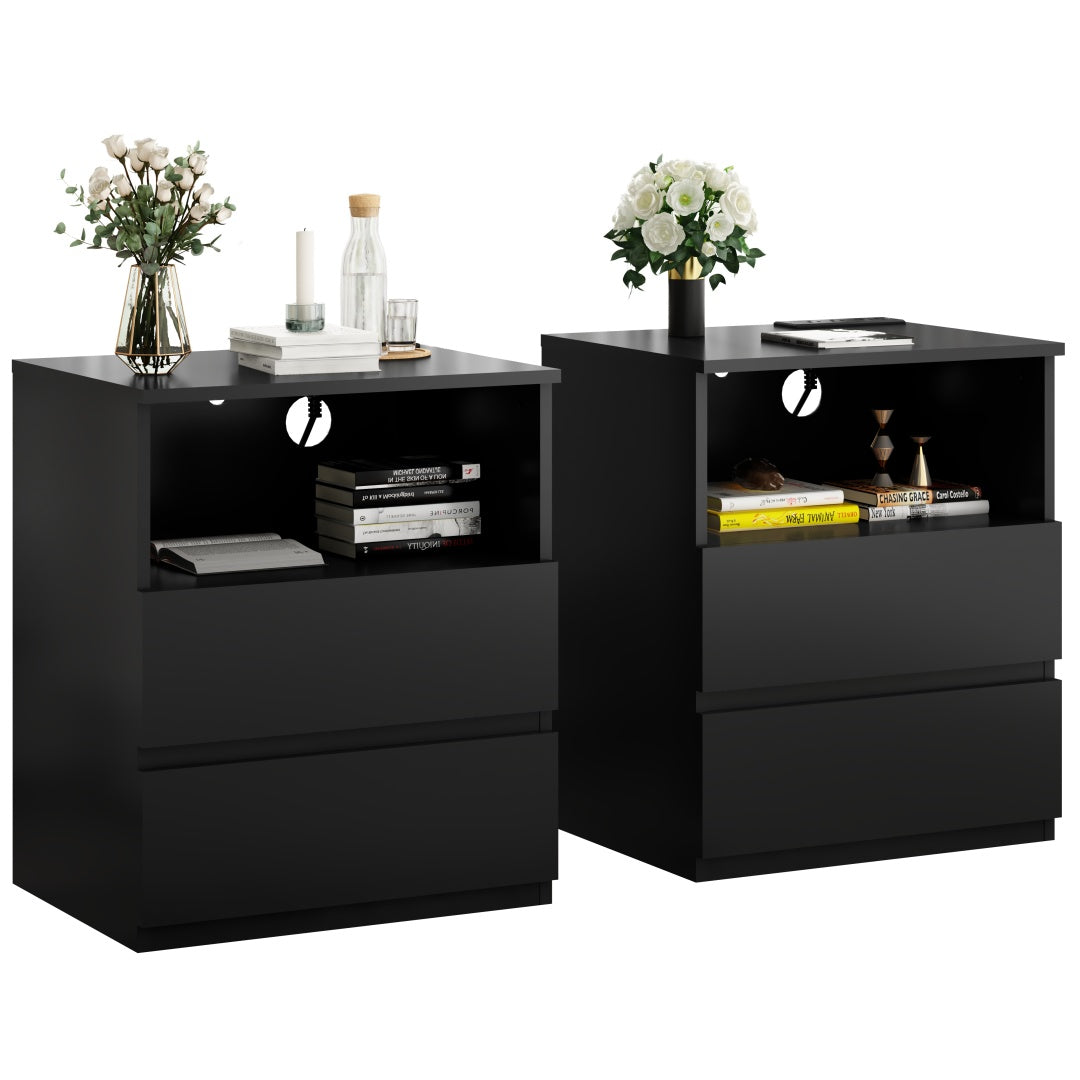 Set Of 2  End Table With Fast USB C Charging Station, Sofa Side Table With 2 Drawers, Large Storage Modern Wood Storage Cabinet For Living Room,Bedroom,Office, Black
