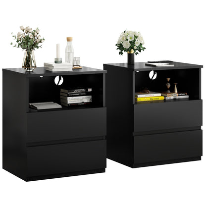 Set Of 2  End Table With Fast USB C Charging Station, Sofa Side Table With 2 Drawers, Large Storage Modern Wood Storage Cabinet For Living Room,Bedroom,Office, Black
