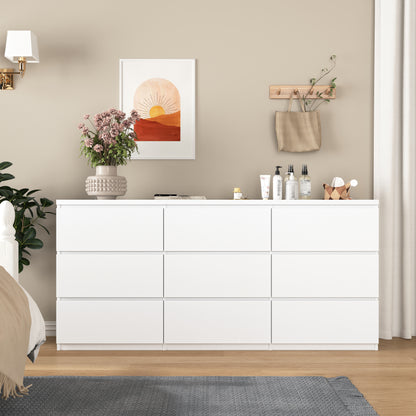 9 Drawer Dresser With No Handle Design, Modern White Matte Wood Dresser For Bedroom, Storage Chest Of Drawers For Living Room, Hallway, Entryway