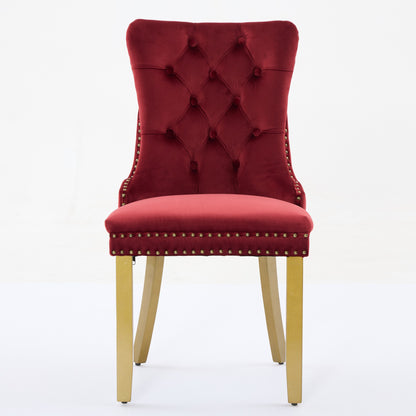 Mid-Century Modern Chairs With Lion Head Pull Ring,High-end Tufted Solid Wood Contemporary Velvet Upholstered Dining Chair With Golden Wooden Legs Nailhead Trim 2-Pcs Set,Wine Red,SW1201WR