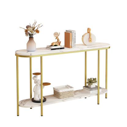 2-Tier Oval Console Table, White Faux Marble Top With Gold Metal Frame, Modern Entryway Table With Open Shelf, 42.1"×11.4"×30.5" Narrow Sofa Table For Hallway, Living Room & Foyer