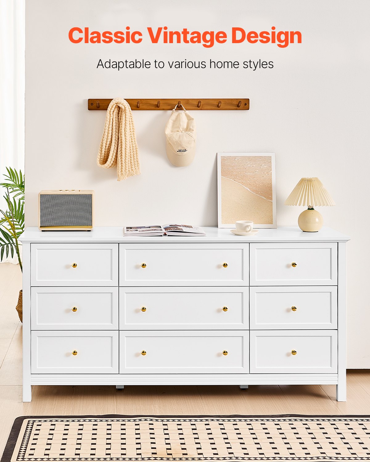 9 Drawer Dresser, Wooden Chest Of Drawers With Sliding And Anti-tip Device, Retro Minimalist Dresser Chest, Closet Storage TV Stand Organizer For Living Room, Hallway, Bedroom, Entryway, White