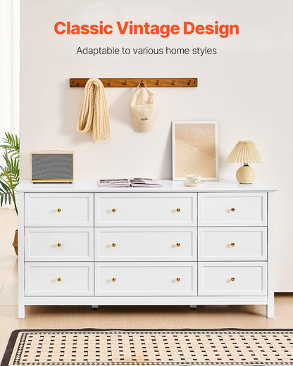 9 Drawer Dresser, Wooden Chest Of Drawers With Sliding And Anti-tip Device, Retro Minimalist Dresser Chest, Closet Storage TV Stand Organizer For Living Room, Hallway, Bedroom, Entryway, White