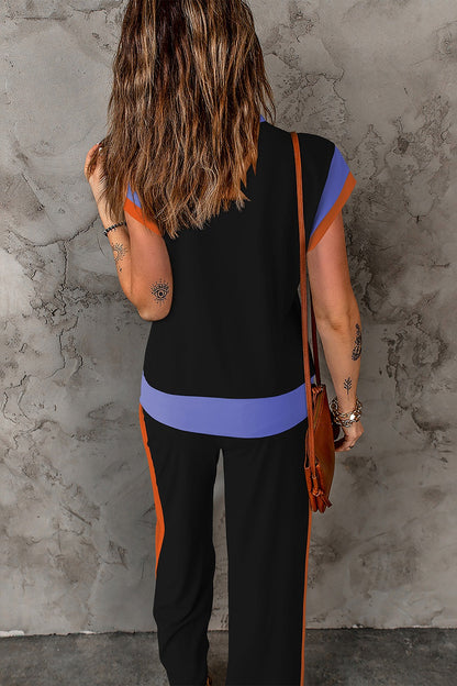 Polyester Two-Piece Set with Contrast Top & Pants