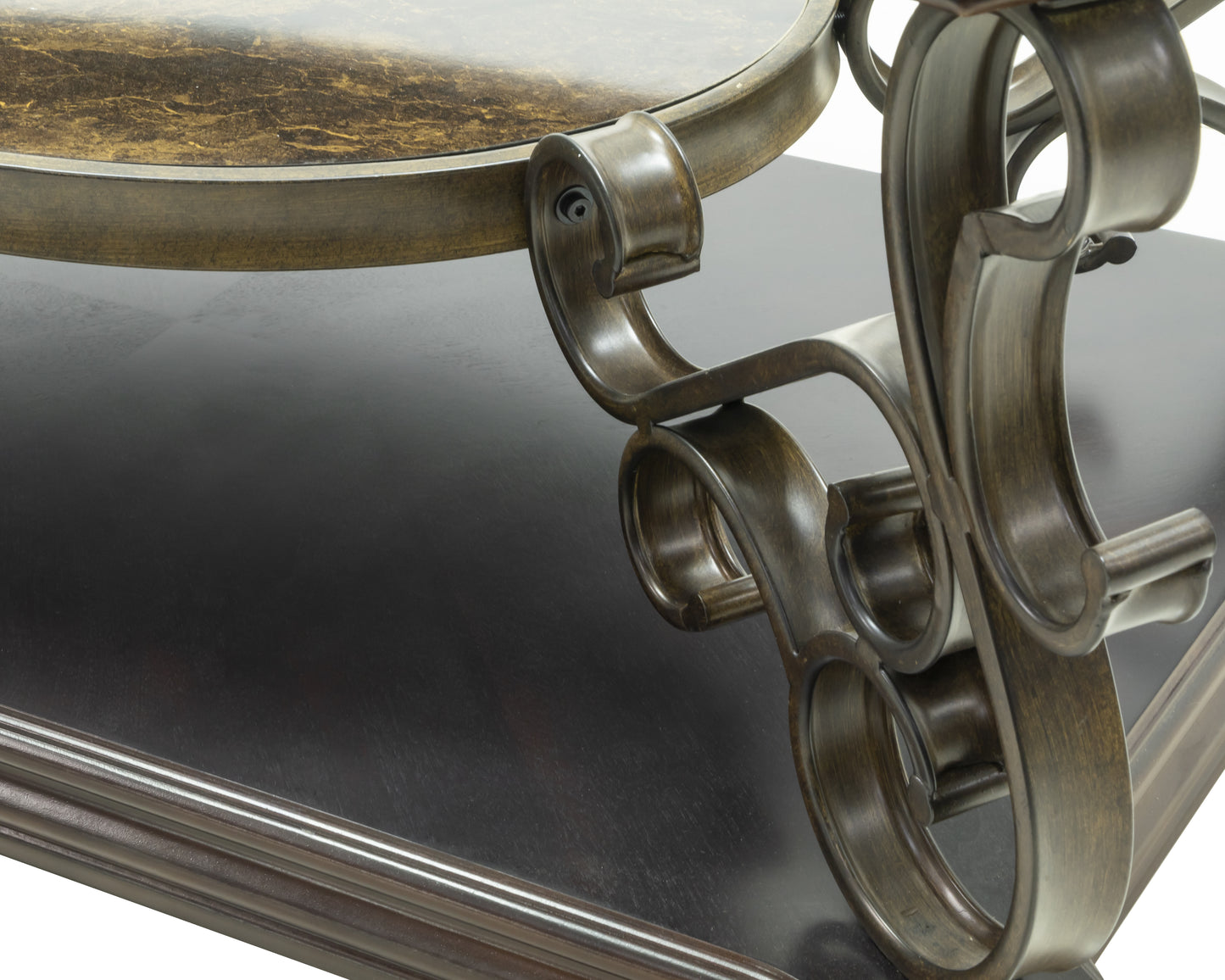Cocktail Table, Glass Table Top, MDF W Marble Paper Middle Shelf, Powder Coat Finish Metal Legs. 52Lx32Wx20.3H