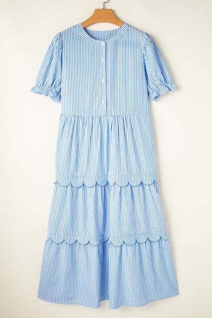 Stripe Bubble Short Sleeve Tiered Scallop Midi Dress