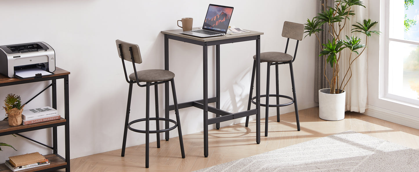 Bar Table Set With 2 Bar Stools PU Soft Seat With Backrest, Grey, 23.62  W X 23.62  D X 35.43  H