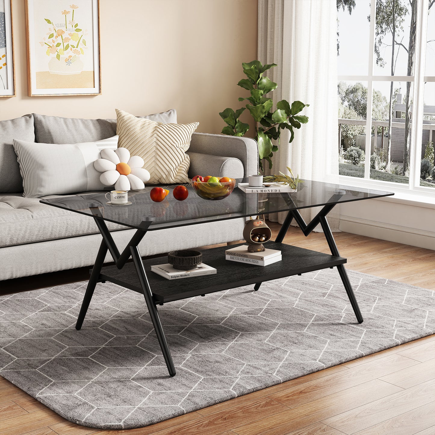Rectangle Coffee Table With Tempered Glass Top And Black MDF Shelf, Modern Table For Living Room, Gray Glass