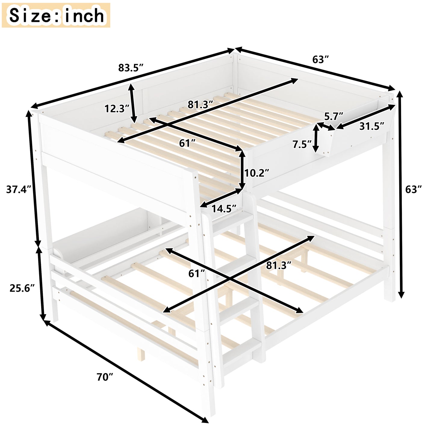 Queen Bunk Bed With  Storage Shelf And Bookshelf,Wood Bunk Bed With Ladder And Guardrails,Detachable Design,White