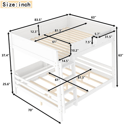 Queen Bunk Bed With  Storage Shelf And Bookshelf,Wood Bunk Bed With Ladder And Guardrails,Detachable Design,White