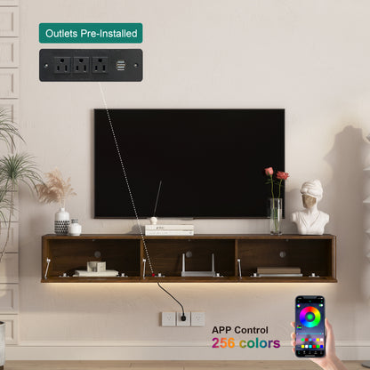 Floating TV Stand, Wall Mounted TV Shelf With Led Lights & Power Outlet,High Gloss TV Cabinet For Wood Tv Stands For Living Room