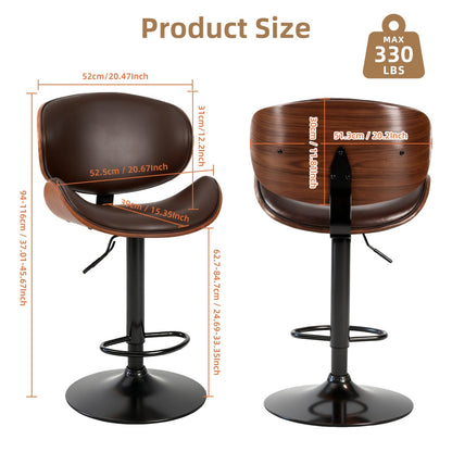A Set Of 2 Rotating Bar Stools With Adjustable Height, PU Leather Decorative Chairs, Backrests And Footstools, And Anti-slip Rubber Bases