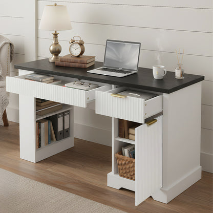 55 Modern Fluted Office Desk With Storage Cabinet  Drawers, Computer Writing Desk With Power Outlet, Pegboard, Built-in Shelves And Keyboard Tray For Study, Living Room, Home Office, White