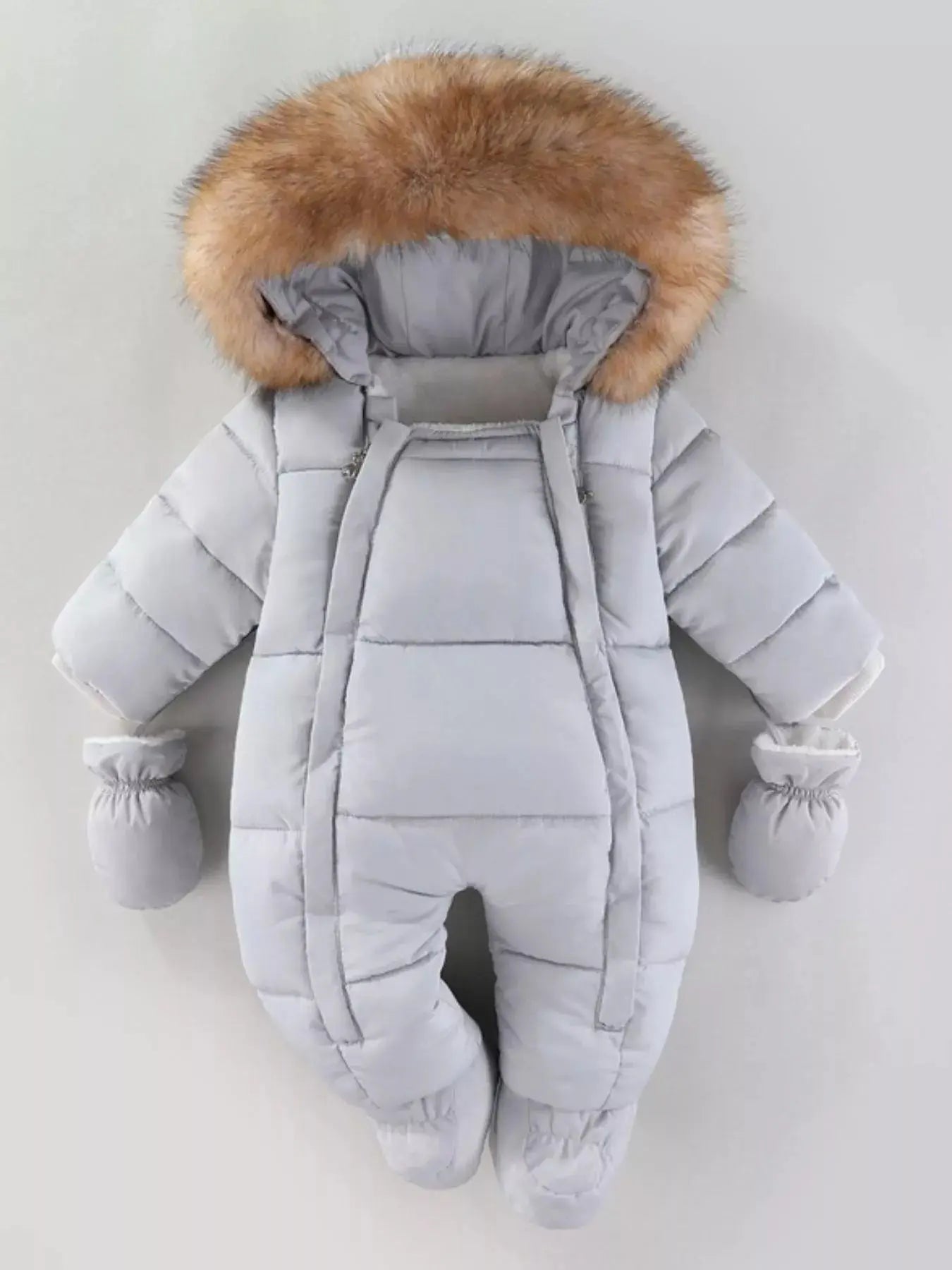 Children's Warm Padded One-Piece Snowsuit with Fur Hood