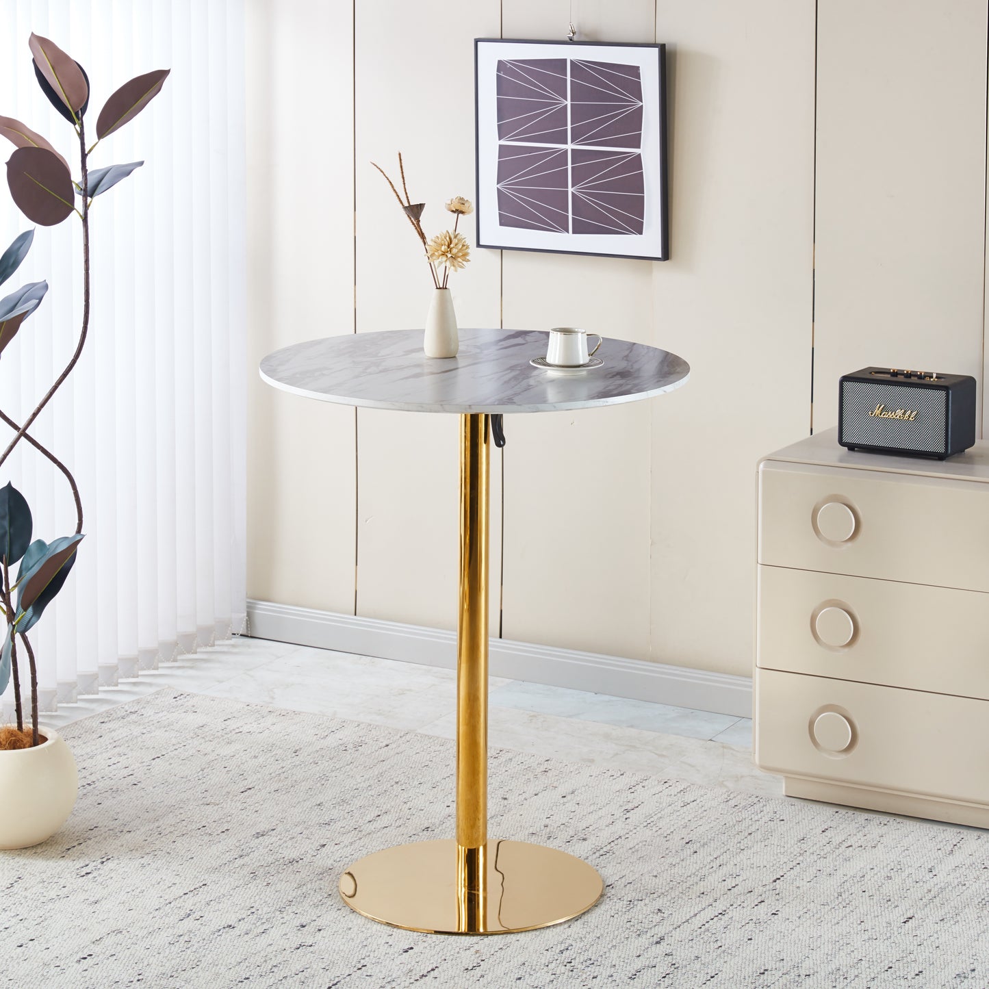 31.5 Folding GOLDEN AND WHITE Tulip BAR Table Mid-century BAR  Table For 2-4 People With Round Mdf Table Top, Pedestal BAR  Table,  MDF Top
