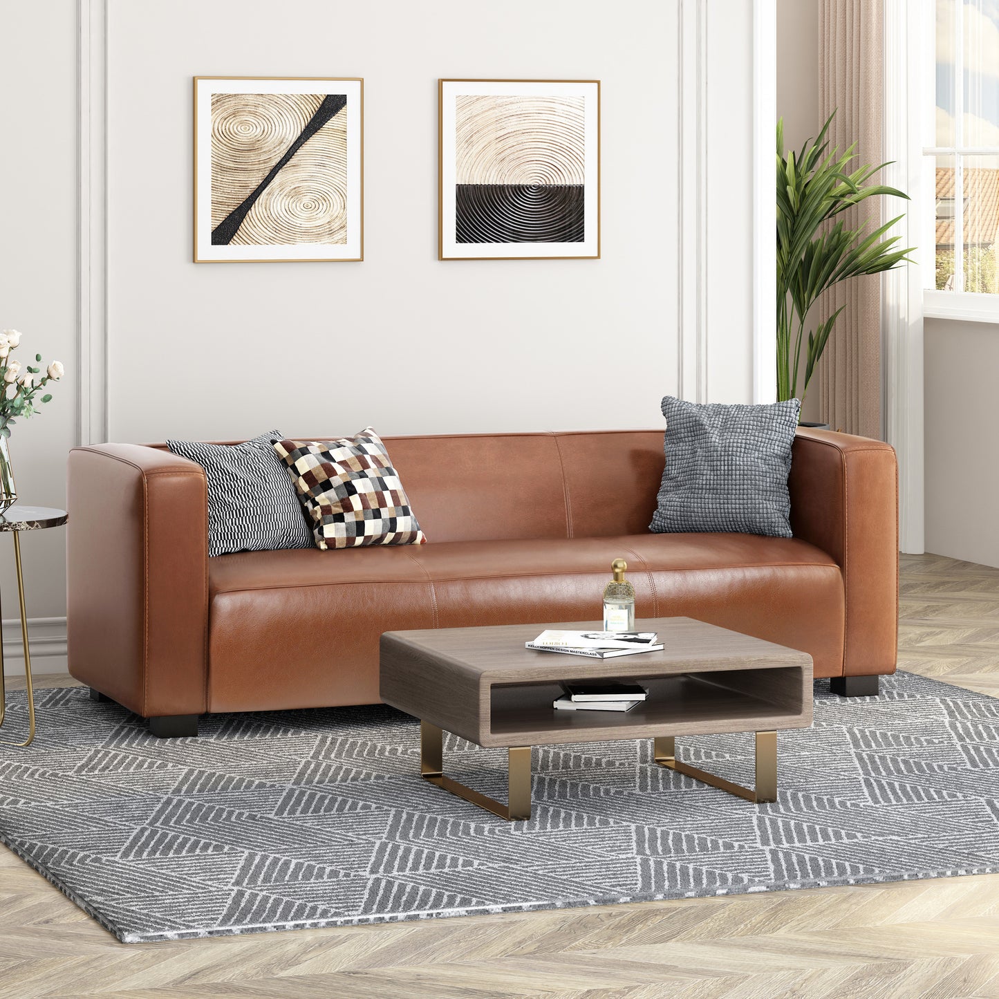 Light Brown Leather Sofa - Modern 3-Seater Living Room Couch With Plush Comfort, 80.25 Wide - Elegant Home Furniture