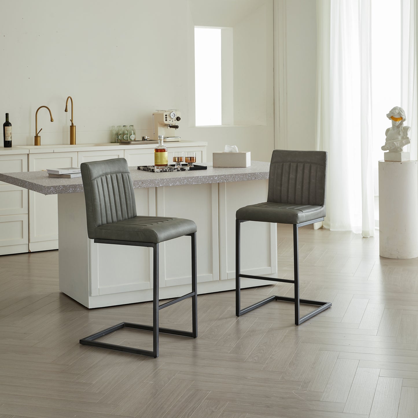 Gray Faux Leather Bar Stool With Vertical Tufted Backrest - Sturdy Black Metal Frame Counter Height Seating With Footrest For Kitchen Island, Home Bar & Dining Space,2 Sets