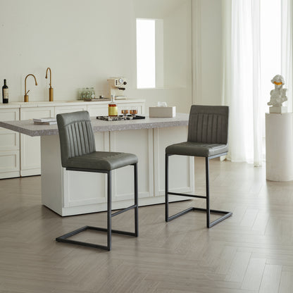 Gray Faux Leather Bar Stool With Vertical Tufted Backrest - Sturdy Black Metal Frame Counter Height Seating With Footrest For Kitchen Island, Home Bar & Dining Space,2 Sets