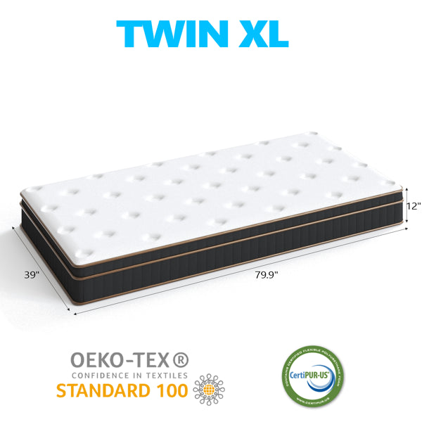 12 Inch Twin XL Mattress, Innerspring Mattress With Black Gold Trim & White Cover - Medium Firm Support, Cooling Technology For College Dorm, Guest Room & Tall Sleepers
