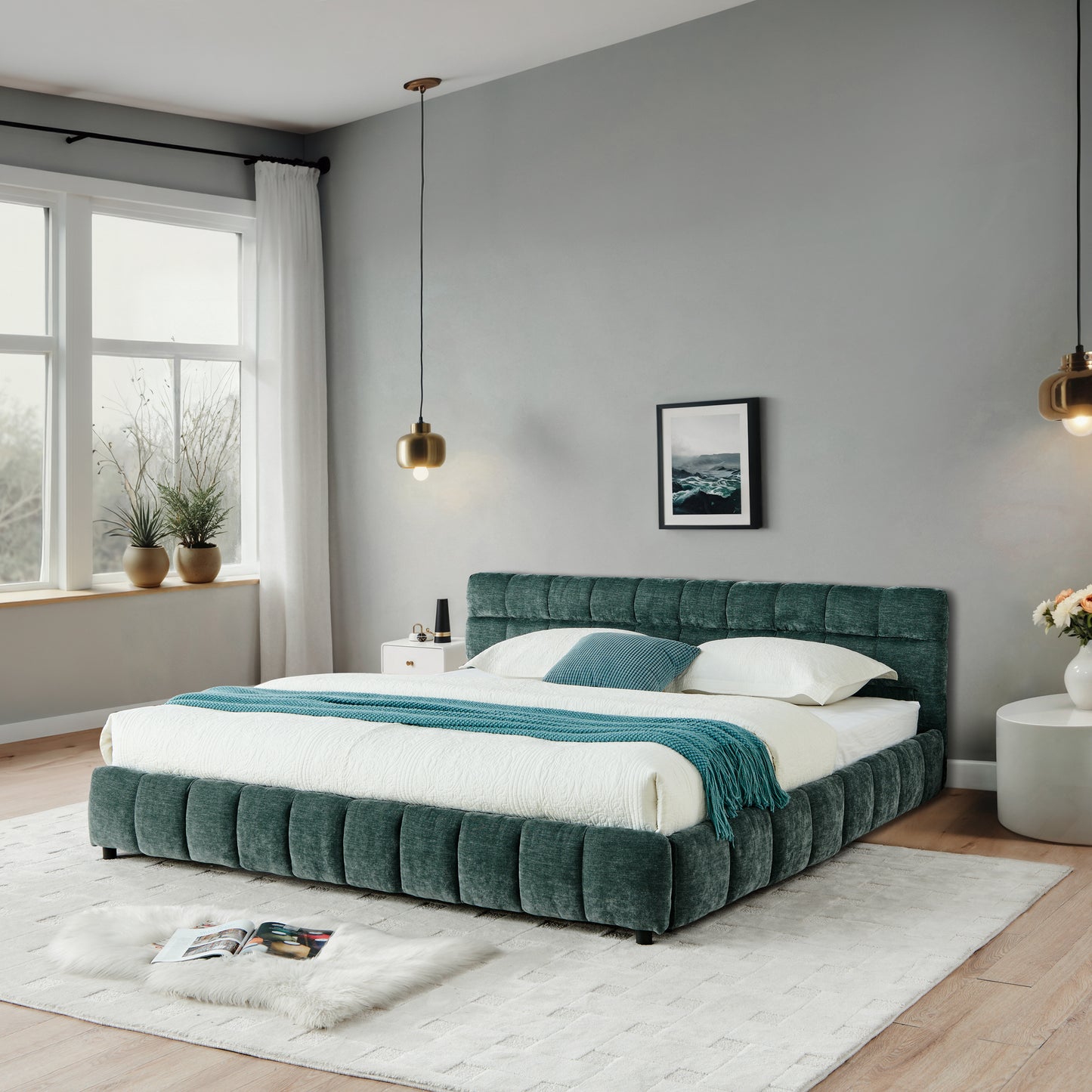 California King Size Upholstered Bed ,comfortable Upholstered Bed Frame, Chenille Fabric, With Headboard And Solid Bed Frame. With Drawer For Storage.-Blue Green 90.5x80.5x31
