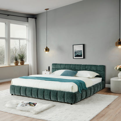 California King Size Upholstered Bed ,comfortable Upholstered Bed Frame, Chenille Fabric, With Headboard And Solid Bed Frame. With Drawer For Storage.-Blue Green 90.5x80.5x31