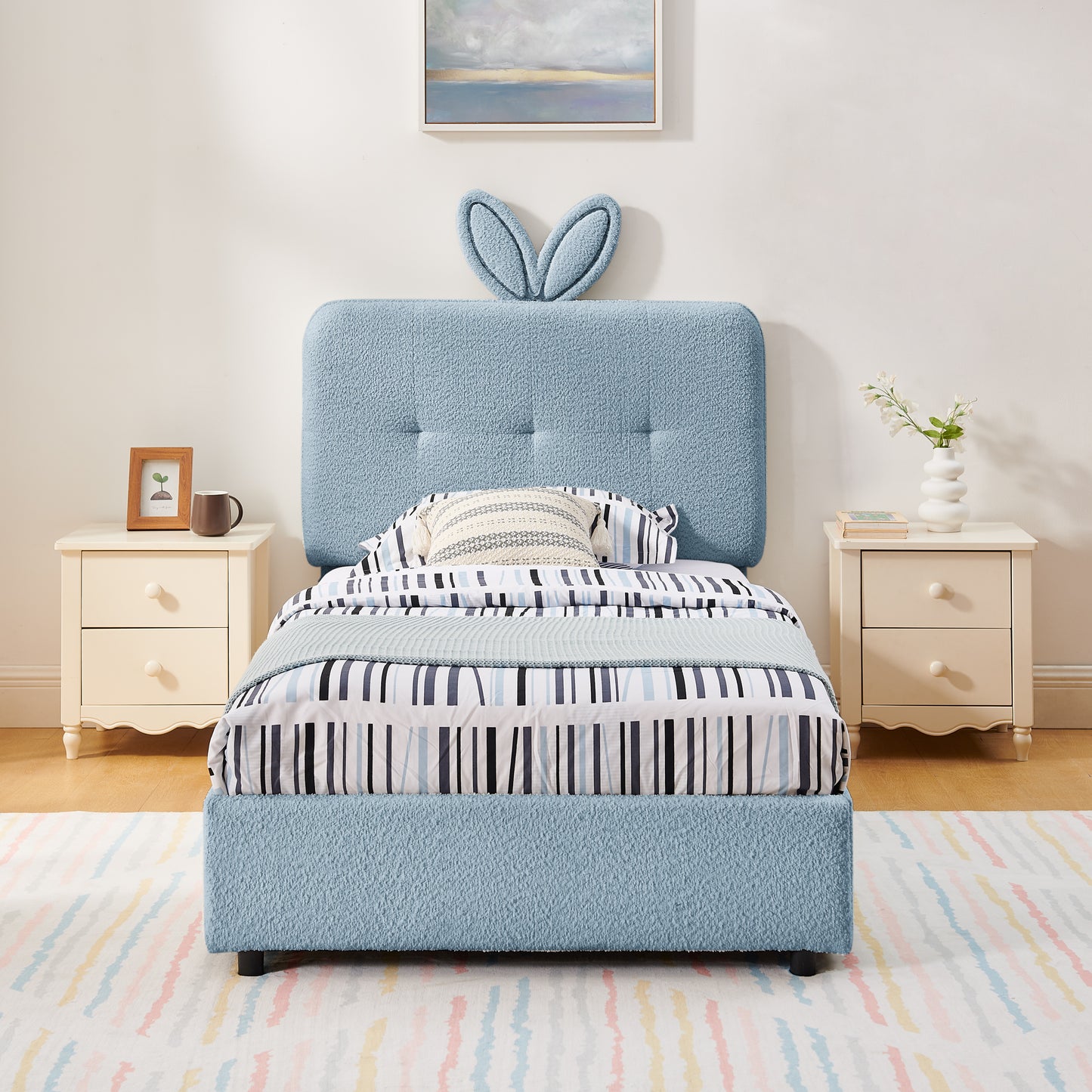 Twin Size Kids Upholstered Bed With Oversized Rabbit Ear Headboard, LED Light & 4 Storage Drawers, Boucle Fabric 79.5X40.75X41