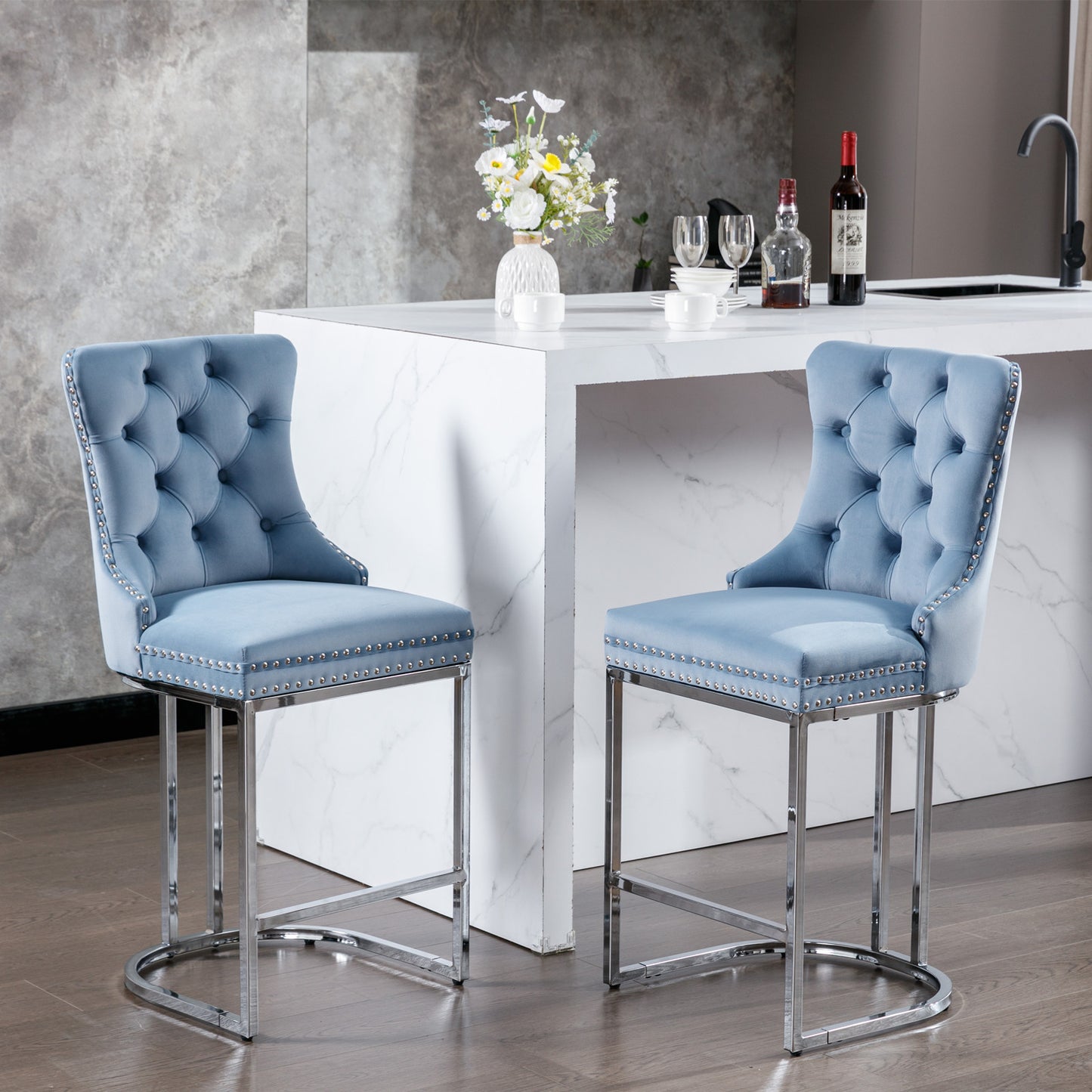 26  Counter Height Bar Stools Set Of 2, Modern Velvet Barstools With Button Back&Rivet Trim Upholstered Kitchen Island Chairs With Sturdy Chromed Metal Base Legs Farmhouse Bar Stools,Light Blue,2 Pack