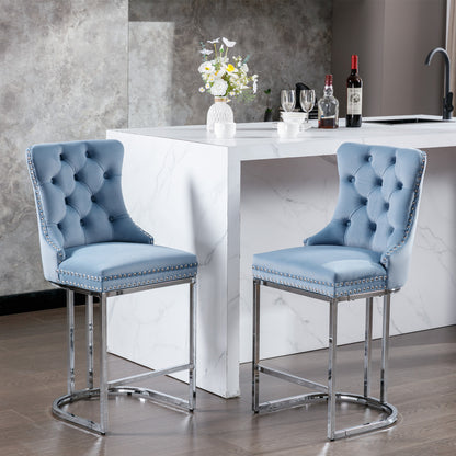 26  Counter Height Bar Stools Set Of 2, Modern Velvet Barstools With Button Back&Rivet Trim Upholstered Kitchen Island Chairs With Sturdy Chromed Metal Base Legs Farmhouse Bar Stools,Light Blue,2 Pack