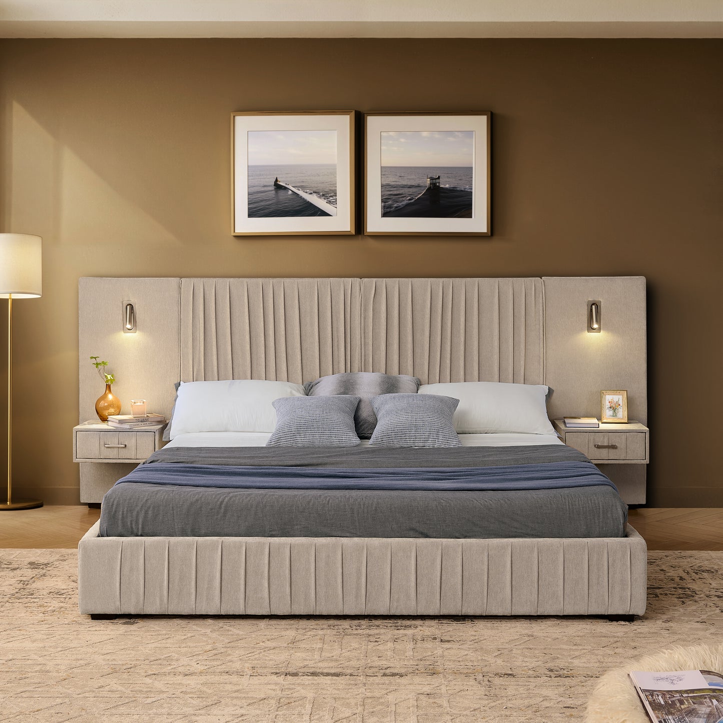 Queen Size Upholstered Bed Frame With Chenille Fabric With Pleated Design,Grounded Queen Size Platform Bed With Headboard And Solid Frame And The Bedside Table.No Box Spring Needed-Beige