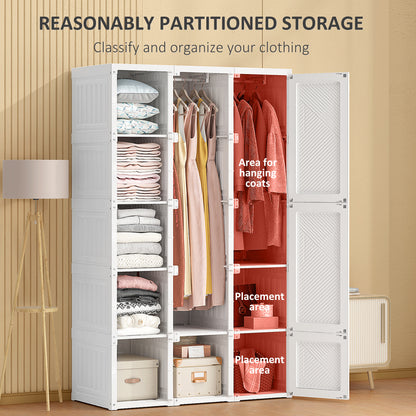 Portable Wardrobe Closet, Folding Clothes Storage Organizer with 8 Cube Compartments, 2 Hanging Rods, 11 Magnet Doors, White