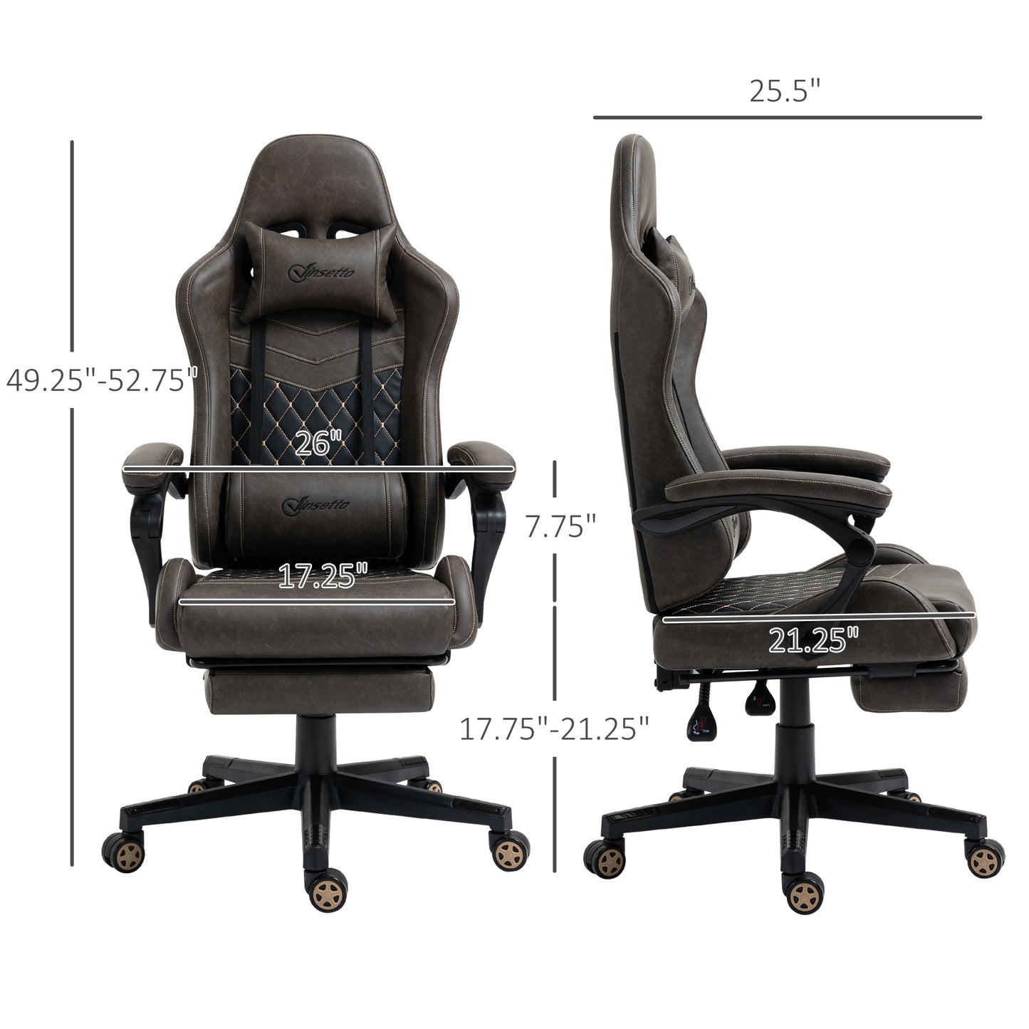 Racing Gaming Chair Diamond PU Leather Office Gamer Chair High Back Swivel Recliner With Footrest, Lumbar Support, Adjustable Height, Brown