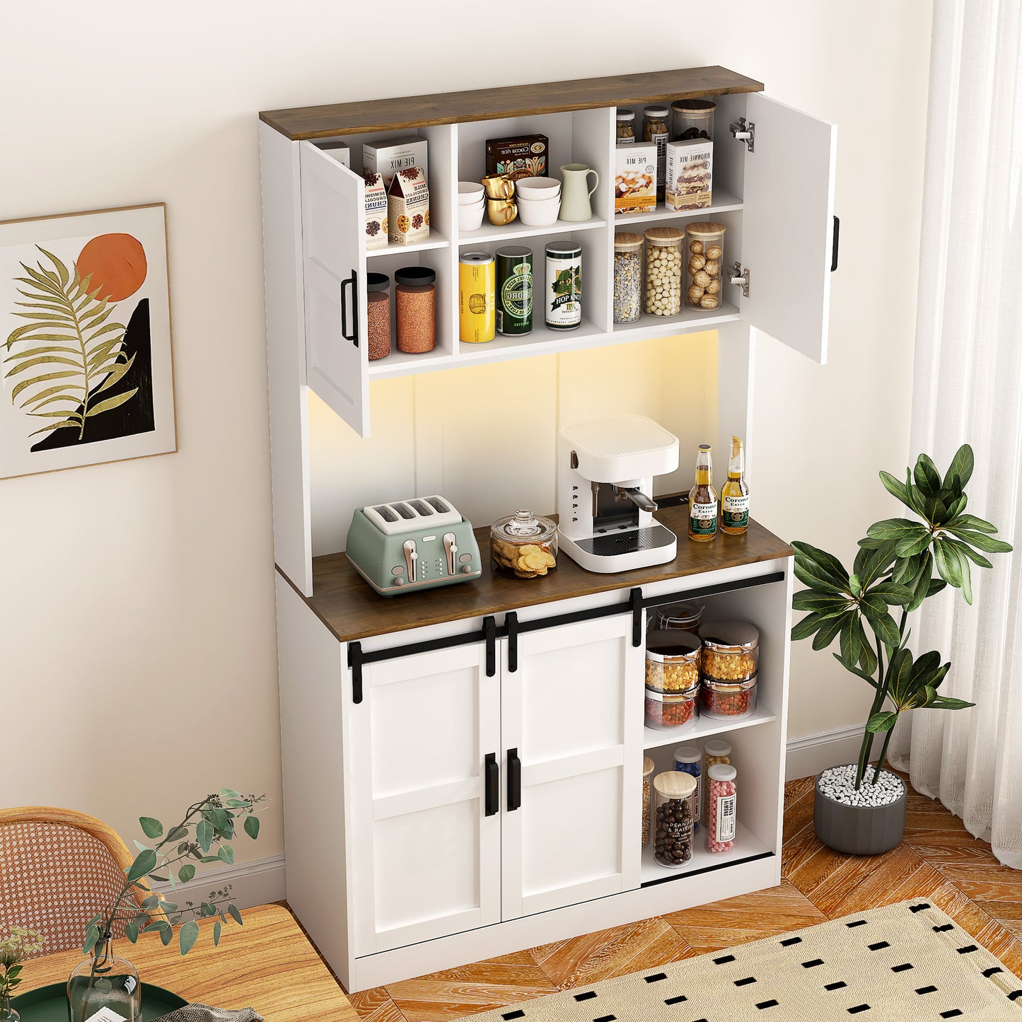 Farmhouse Bar Cabinet With Sliding Barn Door, Large Kitchen BuffetRustic Coffee Bar Sideboard Table,White