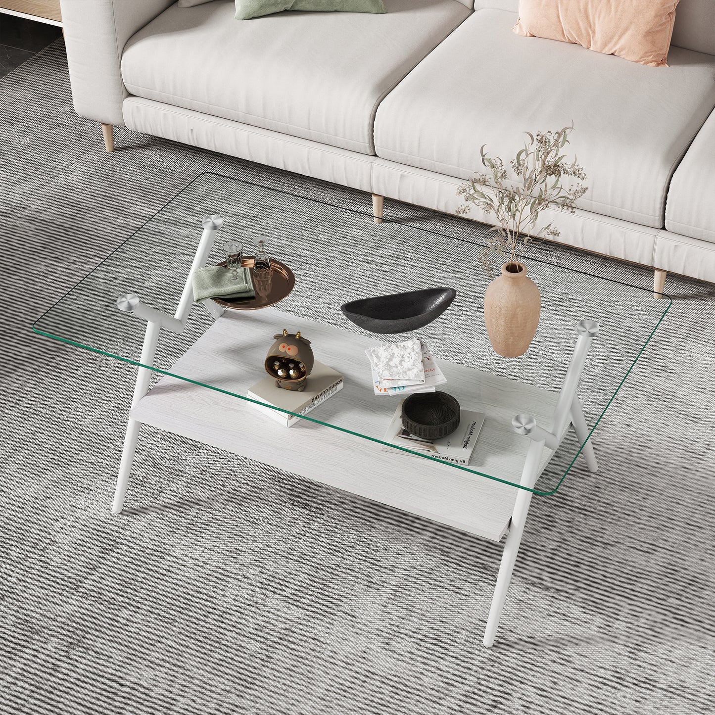 Rectangle Coffee Table With Tempered Glass Top And White Metal Legs, Modern Table For Living Room , Transparent Glass