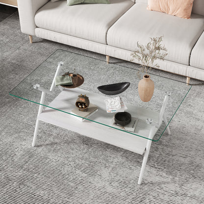 Rectangle Coffee Table With Tempered Glass Top And White Metal Legs, Modern Table For Living Room , Transparent Glass