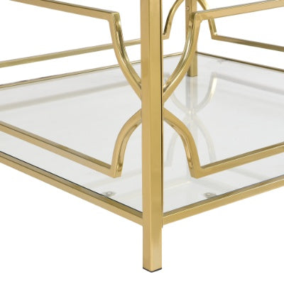 Square Glass Coffee Table In 33.5 ,Luxurious Geometric Metal Frame,Gold Finish  Lower Shelf