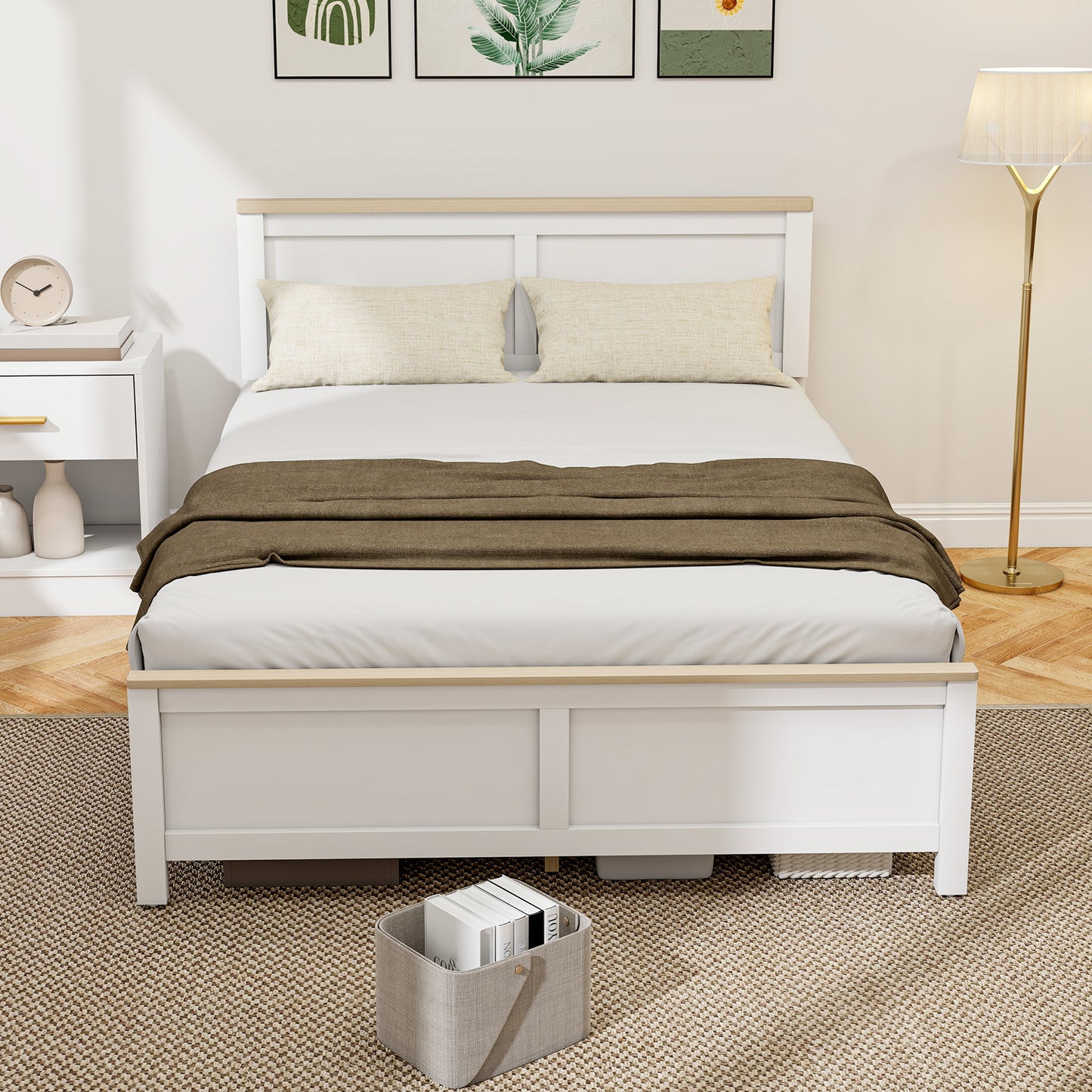 Full Bed Frame with Headboard, Modern Platform Bed Frame with Wooden Slats, No Box Spring Needed, Easy Assembly, White