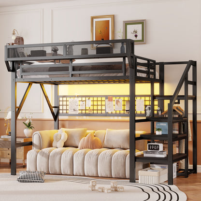 Full Size Loft Bed With Stairs, Metal Full Loft Bed With Light And Storage, High Loft Bed With Wardrobe And Storage For Kids Teens Adults, Black