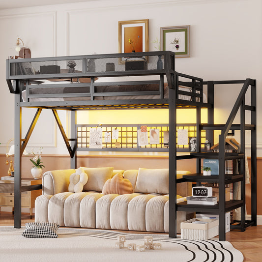Full Size Loft Bed With Stairs, Metal Full Loft Bed With Light And Storage, High Loft Bed With Wardrobe And Storage For Kids Teens Adults, Black