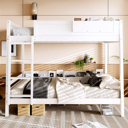 Queen Bunk Bed With  Storage Shelf And Bookshelf,Wood Bunk Bed With Ladder And Guardrails,Detachable Design,White