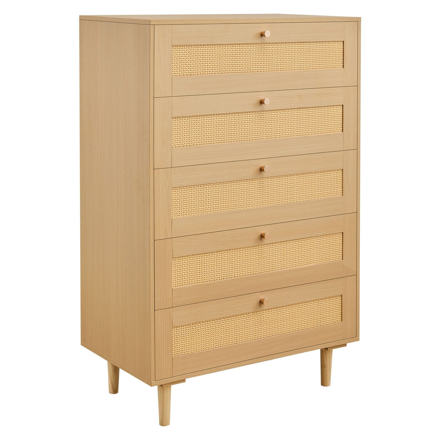 5 Drawer Rattan Dresser, Modern Closet Dresser For Bedroom, Natural Rattan Chest Of Drawers With Metal Handles & Wooden Legs, Chest Clothing Organizer & Storage For Bedroom, Living Room, Hallway