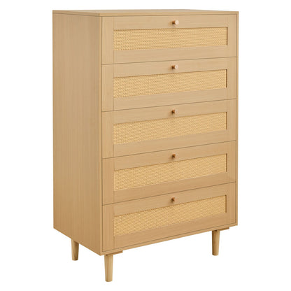 5 Drawer Rattan Dresser, Modern Closet Dresser For Bedroom, Natural Rattan Chest Of Drawers With Metal Handles & Wooden Legs, Chest Clothing Organizer & Storage For Bedroom, Living Room, Hallway